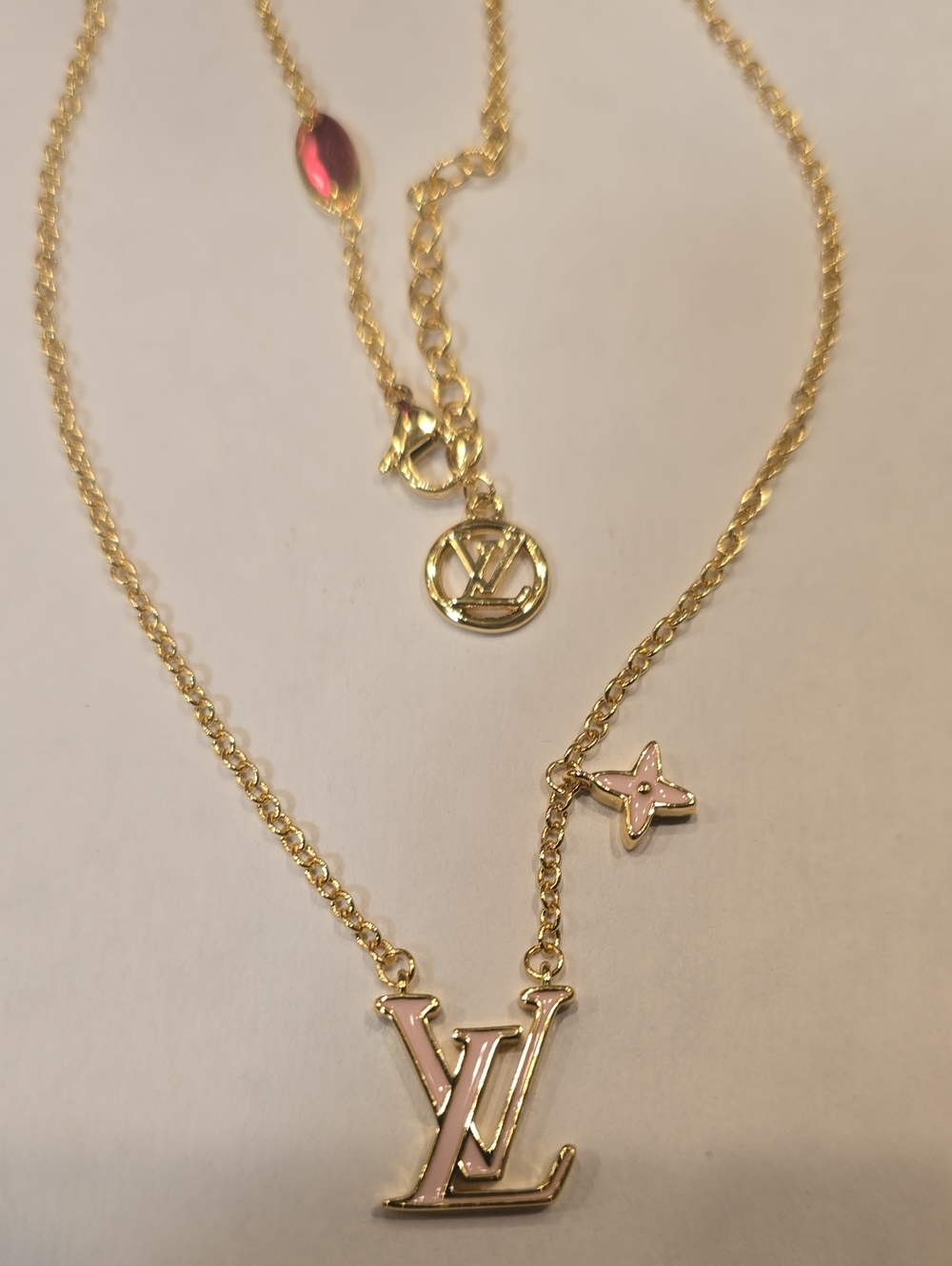 Pink Enamel LV Logo Necklace with Star Charm - Picture 3 of 6
